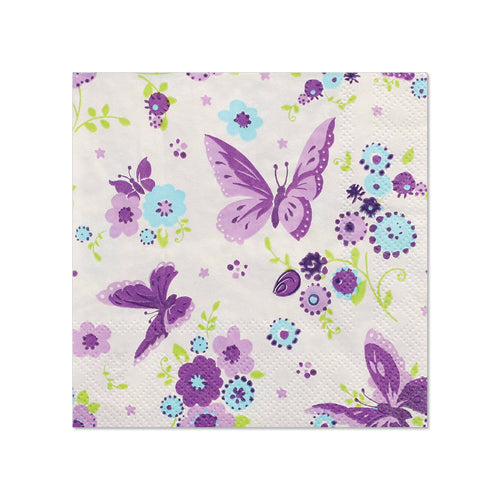 PAPSTAR 20 serviettes (25 x 25 cm, 3 plis, 1/4 pliage) de la société PAPSTAR GmbH présentent des papillons violets et des fleurs bleues, violettes et vertes sur fond blanc – idéales pour ajouter du charme à votre décoration de table.