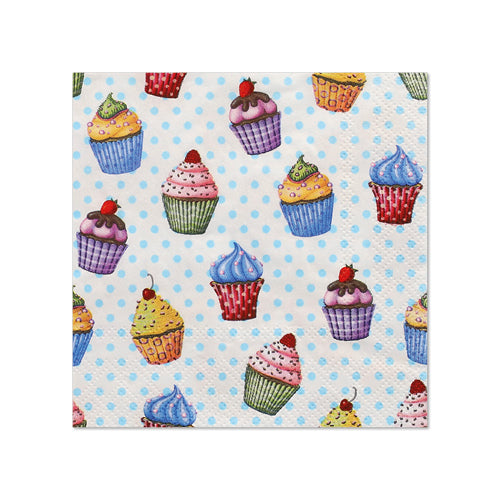 Les PAPSTAR 20 serviettes, 25 cm x 25 cm, 3 plis de la société PAPSTAR GmbH présentent un fond bleu clair à pois avec des cupcakes colorés et des cerises – parfaites pour les fêtes avec leur design charmant et robuste.