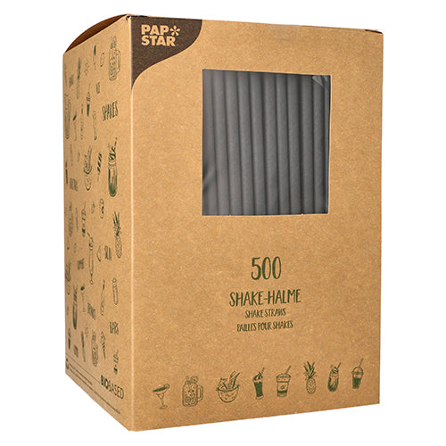 Une boîte en carton brun de PAPSTAR GmbH avec l'inscription « PAPSTAR 500 pailles à secouer en papier Ø 8 mm · 25 cm » contient 500 pailles à boire en papier écologiques visibles à travers une fenêtre avec des pailles noires et des images de boissons et de fruits sur les côtés.
