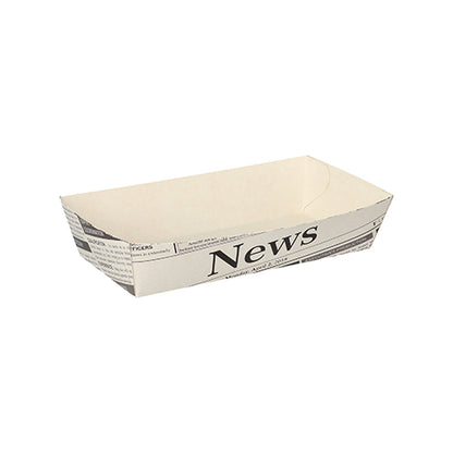 Die 50 Pommes-Frites-Schalen weiss "Newsprint" der PAPSTAR GmbH haben eine rechteckige Form mit Zeitungsdruck-Design und "News" auf einer Seite, ideal für Grillpartys.