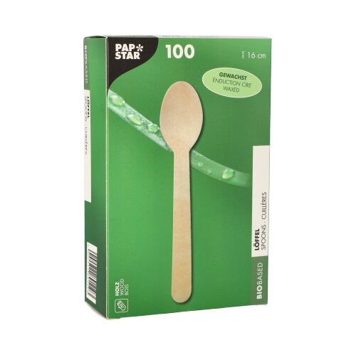 Een groen-witte doos van PAPSTAR GmbH met het opschrift "Houten lepel pure" bevat 100 gewaxte, milieuvriendelijke houten lepels (16 cm) in een vouwdoos - ideaal voor de horeca, met lepel- en bladmotief op de voorkant.