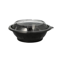 Le lot de 25 saladiers Starpak 25 comprend des récipients alimentaires noirs en PET de 600 ml (Ø 16,6 cm, hauteur 5,9 cm) munis de couvercles bombés transparents « Snap It » en R-PET, présentés sur fond blanc (25 pièces par paquet).