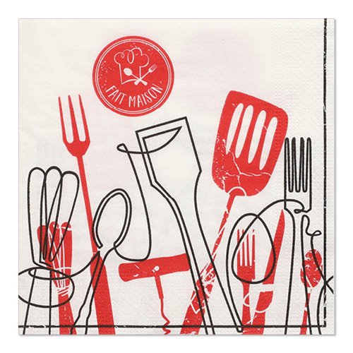 PAPSTAR GmbH 20 serviettes, 33x33 cm, 3 plis, avec un design d'ustensiles de cuisine noir et rouge et logo "Fait Maison" avec toque de chef en haut à gauche (Set 3).