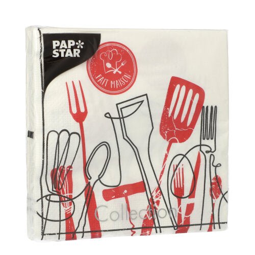 Les PAPSTAR 20 serviettes, 33x33 cm, 3 plis, 1/4 pli Design Set 3 de PAPSTAR GmbH montrent un motif "Fait Maison" avec des ustensiles de cuisine rouges et noirs sur fond blanc et ajoutent du charme à toute table dressée.