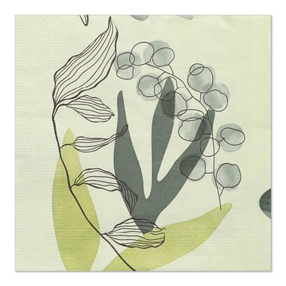 Les PAPSTAR 20 serviettes (33 cm x 33 cm, 3 plis, 1/4 pli, Design Set 3) de PAPSTAR GmbH montrent une impression botanique avec des feuilles et des baies contournées en noir sur des formes abstraites vert clair et gris foncé sur fond crème.