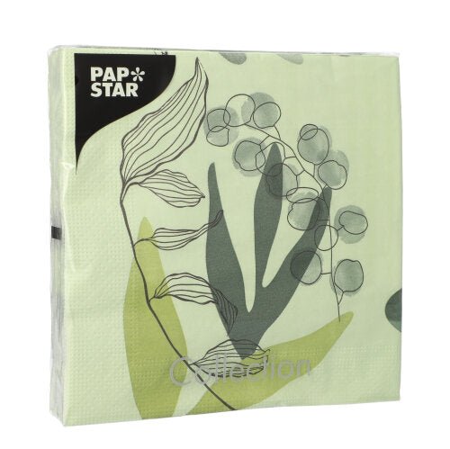 Un paquet de 20 serviettes à 3 couches PAPSTAR GmbH, 33x33 cm, Design Set 3 avec un motif floral noir et blanc sur fond vert clair. Avec le logo PAP STAR dans le coin supérieur gauche. Doux et résistant.