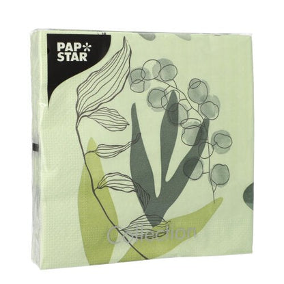 Un paquet de 20 serviettes à 3 couches PAPSTAR GmbH, 33x33 cm, Design Set 3 avec un motif floral noir et blanc sur fond vert clair. Avec le logo PAP STAR dans le coin supérieur gauche. Doux et résistant.