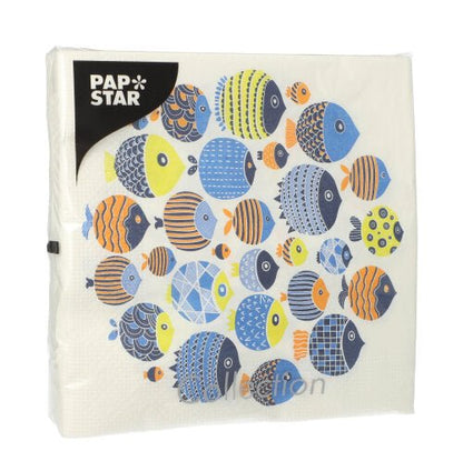 PAPSTAR GmbH 20 serviettes, 33x33 cm, 3 plis, Design Set 3 : imprimé avec des poissons colorés en cercle sur fond blanc.