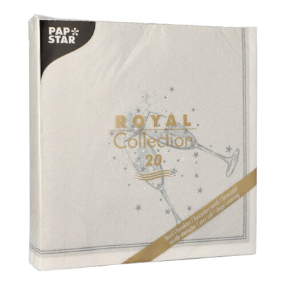 Die PAPSTAR GmbH 20 Servietten "ROYAL Collection" (1/4-Falz, 40x40cm) kommen in einer quadratischen weißen Packung im minimalistischen Champagnerglas-Design daher - perfekt für eine stilvolle Tischdekoration.