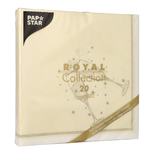 Eine Packung PAPSTAR 20 Servietten "ROYAL Collection" 1/4-Falz (40x40 cm) der PAPSTAR GmbH, cremefarben mit goldenem Champagnerglas- und Sternendesign, zeichnet sich durch eine meist transparente Verpackung mit FSC-zertifizierter Kennzeichnung aus.