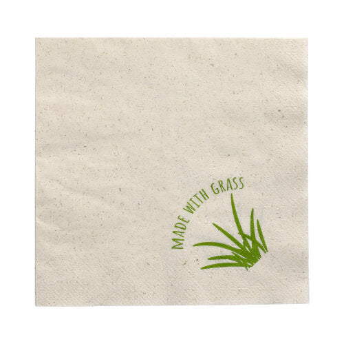 Les serviettes à 2 plis (33 x 33 cm, 1/8-pli) de la société PAPSTAR se distinguent par leur couleur beige clair avec des taches brunes, l'inscription verte "MADE WITH GRASS" et un symbole d'herbe - parfaites pour une décoration de table élégante. Le paquet contient 250 serviettes.