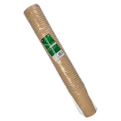 Un emballage en plastique scellé avec 50 gobelets en carton bruns (chacun 0,5 l) de la société PAPSTAR GmbH, avec une étiquette vert-blanc et des détails sur le produit.