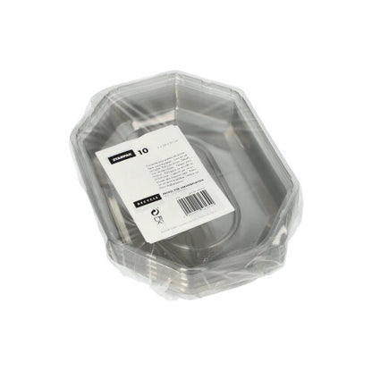 Une pile de dix couvercles Starpak pour plateaux de service en PET transparent, avec une étiquette blanche et un code-barres, est emballée dans un emballage transparent - idéal pour la conservation de la fraîcheur et comme couverture pour plateaux de service.