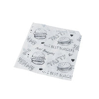 La PAPSTAR Sacs à hamburger 13 x 13 cm, blancs, le PAPSTAR Ces emballages pour GmbH arborent des motifs de burgers dessinés à la main en noir, ainsi que des slogans tels que « BEST BURGERS », « TASTY » et « YUMMY », sans oublier de petits cœurs et des points : l'emballage élégant idéal pour les burgers (1 000 pièces).