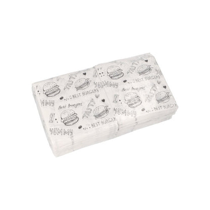 Une pile de sachets à hamburgers blancs PAPSTAR (13x13 cm) avec un motif de burger et de frites en noir et l'inscription "YUMMY"/"BEST BURGER" de la PAPSTAR GmbH, idéale comme emballage pour vos hamburgers ; en paquets de film rétractable de 1000.