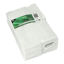 Une pile de 1.000 PAPSTAR 1000 sacs Wrap (11x8x4 cm) de PAPSTAR GmbH, serviettes en papier blanches dans un plastique transparent avec une étiquette verte et des codes-barres visibles; caractéristiques : construction robuste et emballage respectueux de l'environnement.