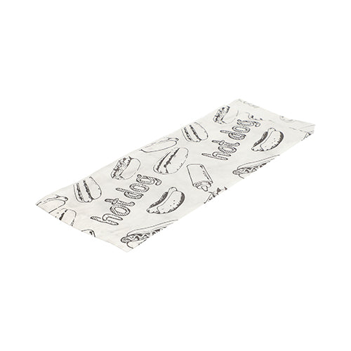 L'image montre un emballage en papier plat et blanc PAPSTAR pour hot-dog (21x8,5 cm) avec un dessin de hot-dog en noir et le texte "Hot Dog" provenant du paquet rétractable de 1000 unités de PAPSTAR GmbH sur fond blanc.