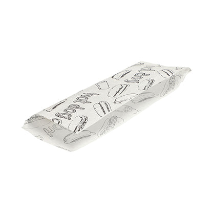 Un hot-dog ou un sandwich enveloppé dans un sac à hot-dog blanc PAPSTAR (21x8,5 cm) avec des dessins de snacks en noir, fermé des deux côtés, de PAPSTAR GmbH ; idéal pour les snacks et disponible en paquet de 1000 unités.