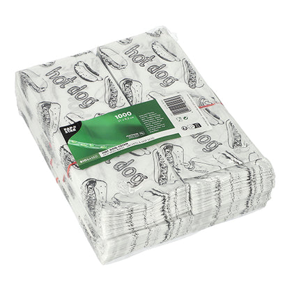 Les 1000 sacs à hot-dog PAPSTAR (21x8,5 cm, blancs) de PAPSTAR GmbH sont emballés sous film rétractable et présentent un graphique de hot-dog en noir avec l'inscription "Hot Dog". Une étiquette verte avec les informations sur le produit est apposée.