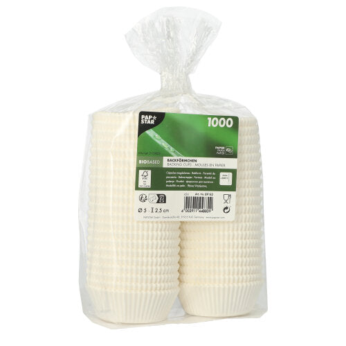 De PAPSTAR 1000 bakvormpjes rond van PAPSTAR GmbH zijn hoogwaardige, geribbelde papieren bakvormpjes in een doorzichtige zak. Het groene etiket toont de symbolen voor composteerbaarheid en voedselveiligheid - perfect voor alle bakbehoeften.