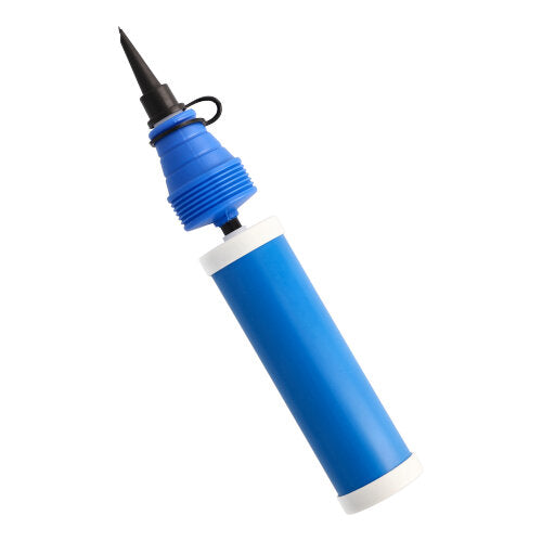 De PAPSTAR speciale ballonpomp (27,5 cm, blauw) van PAPSTAR GmbH is verticaal afgebeeld met een zwarte tuit op een witte achtergrond, ideaal voor het snel opblazen van ballonnen op feestjes. Zak met 1 stuk.