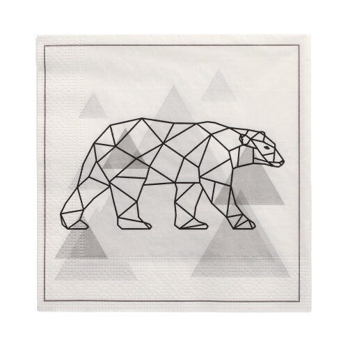 Les PAPSTAR 20 serviettes de PAPSTAR GmbH sont des serviettes 3 plis (33 x 33 cm, 1/4 pliage) avec un motif d'ours polaire géométrique noir et de triangles gris sur fond blanc, accentué par une fine bordure noire.