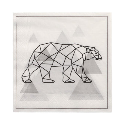 Les PAPSTAR 20 serviettes de PAPSTAR GmbH sont des serviettes 3 plis (33 x 33 cm, 1/4 pliage) avec un motif d'ours polaire géométrique noir et de triangles gris sur fond blanc, accentué par une fine bordure noire.