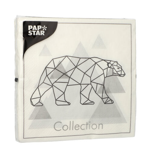 Les 20 serviettes de PAPSTAR GmbH, 33x33 cm, 3 plis, montrent un motif d'ours polaire géométrique avec "Collection", logo PAP STAR en haut à gauche et des triangles discrets en arrière-plan.