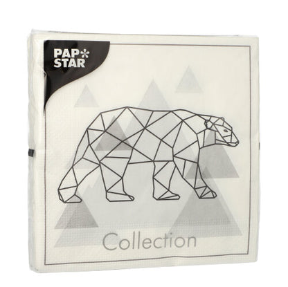 Les 20 serviettes de PAPSTAR GmbH, 33x33 cm, 3 plis, montrent un motif d'ours polaire géométrique avec "Collection", logo PAP STAR en haut à gauche et des triangles discrets en arrière-plan.