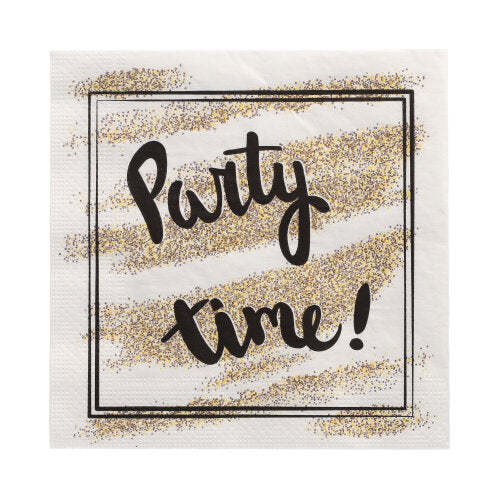 De PAPSTAR GmbH 20 servetten, 33 cm x 33 cm, 3-laags, design set 2 servetten tonen 'Party time!' in vetgedrukte zwarte letters en gouden glitteraccenten op een witte achtergrond met een dubbel zwarte rand.