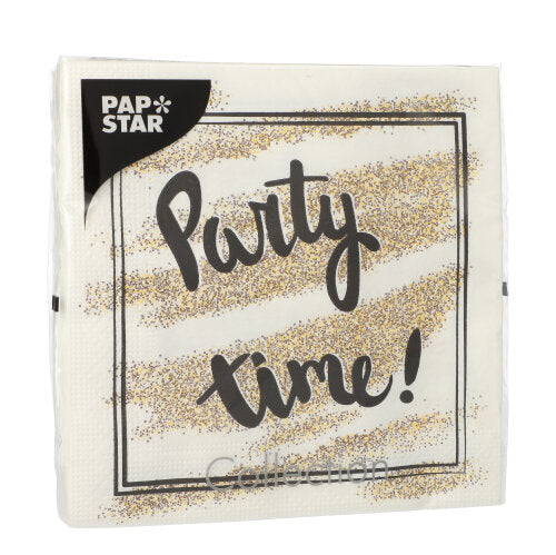 Deze 3-laagse witte PAPSTAR GmbH servetten (33x33 cm, 1/4-vouw) zijn voorzien van gouden glitterstrepen en de tekst 'Party time!' in zwarte letters en een zwart 'PAP STAR'-label linksboven - ideaal voor feesten. Set van 20 stuks.
