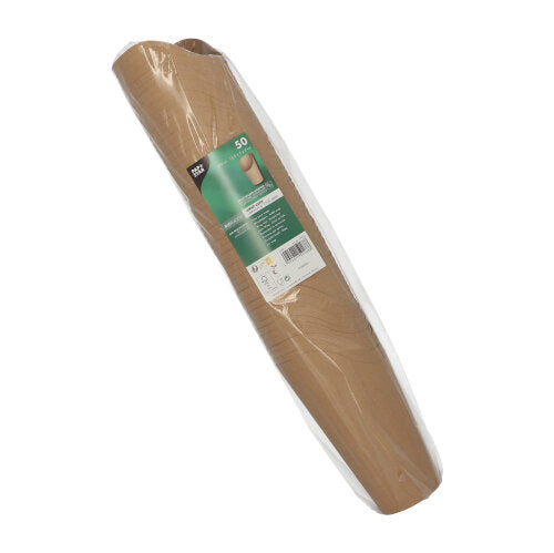 Eine Rolle mit 50 PAPSTAR Wrap Cups, Pappe braun von der PAPSTAR GmbH, ideal für umweltfreundliche Wrap Cups bei Partys und Veranstaltungen, teilweise in Klarsichtfolie eingewickelt mit einem grün-weißen Info-Etikett auf der Vorderseite.