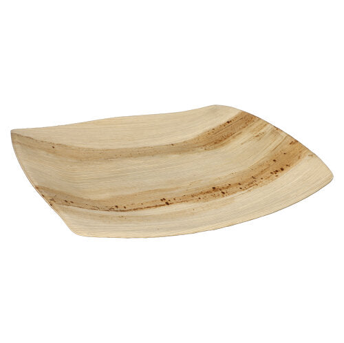 Der PAPSTAR 25 Teller, Palmblatt „pure“ natur „QUADRATO“ Teller der PAPSTAR GmbH ist ein quadratischer, flacher, umweltfreundlicher Einwegteller mit abgerundeten Kanten, glatten Oberflächen, sichtbaren Maserungen und natürlichen dunkleren Streifen.