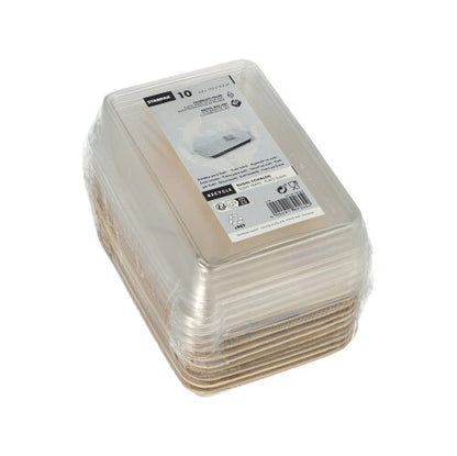 Een verpakking met tien rechthoekige Starpak 10 Sushi-schalen palmblad voedselcontainers in bruin, elk met een doorzichtig rPET-deksel („Kombipack“), verpakt in plastic en voorzien van een productinformatie-etiket aan de bovenkant.
