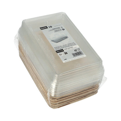 Starpak 10 Sushi-schalen palmblad rechthoekig met rPET deksel „Kombipack“: Tien rechthoekige palmbladcontainers met bruine bases en rPET-deksels, gelabeld met product- en recyclinginformatie – ideaal voor verse sushi-gerechten.