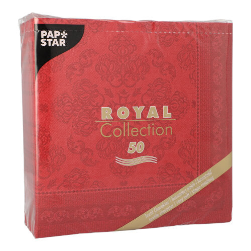 Eine bordeauxfarbene PAPSTAR 50 Servietten "ROYAL Collection" 1/4-Falz (40 x 40 cm) Packung der PAPSTAR GmbH mit gold-weißer Schrift und dezentem Ziermuster.