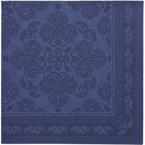Une serviette en papier carrée bleu foncé de 40x40 cm de la PAPSTAR ROYAL Collection de la PAPSTAR GmbH avec un centre floral et tourbillonnant embossé et une bordure décorative.