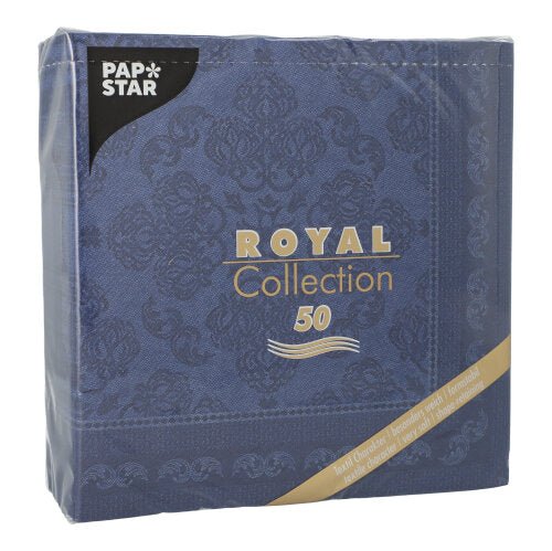 Un paquet bleu de PAPSTAR GmbH 50 serviettes « ROYAL Collection » 1/4-pli, 40x40 cm, bleu foncé, avec un motif orné et des accents dorés.