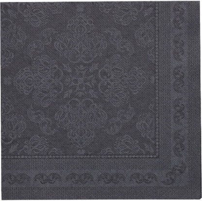 La serviette noire "ROYAL Collection" de la PAPSTAR GmbH (40 x 40 cm, 1/4-pliée) en vue de dessus montre un motif floral et géométrique embossé avec une bordure décorative sur les bords. Paquet de 50 pièces.