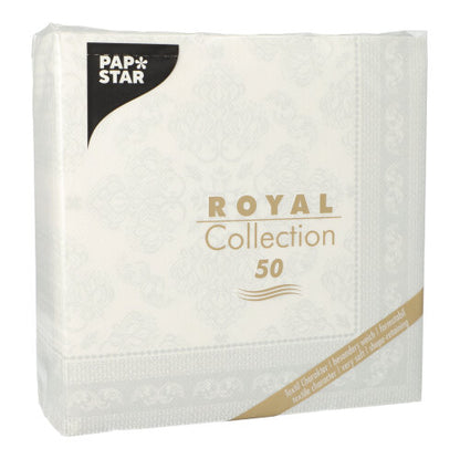 Een wit pakket van PAPSTAR GmbH bevat 50 1/4-vouw servetten "ROYAL Collection", 40 x 40 cm, met gouden en zwarte sierboorden.
