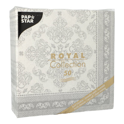 Eine Packung mit 50 grauen PAPSTAR "ROYAL Collection" 40x40 cm Servietten (1/4 Falz) von PAPSTAR GmbH.