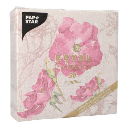 Een 50-pack PAPSTAR "ROYAL Collection" servetten, 40 x 40 cm, paars, van PAPSTAR GmbH. Hoogwaardige servetten met een elegant florale ontwerp en gouden accenten.