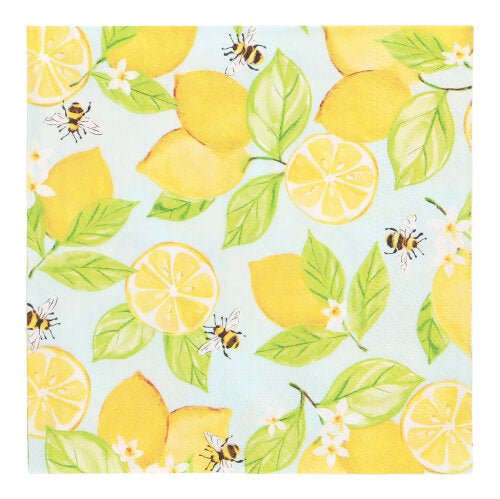 Les PAPSTAR GmbH 20 serviettes, 33 cm x 33 cm, 3 couches, Design Set 3 montrent des citrons entiers, des tranches de citron, des feuilles vertes, de petites fleurs blanches et des abeilles sur fond bleu clair dans un motif vif.