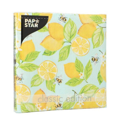 PAPSTAR 20 serviettes, 3 couches (33x33 cm, 1/4 pli), de PAPSTAR GmbH : design avec citrons, feuilles et abeilles sur fond bleu clair - idéal pour une décoration de table élégante.