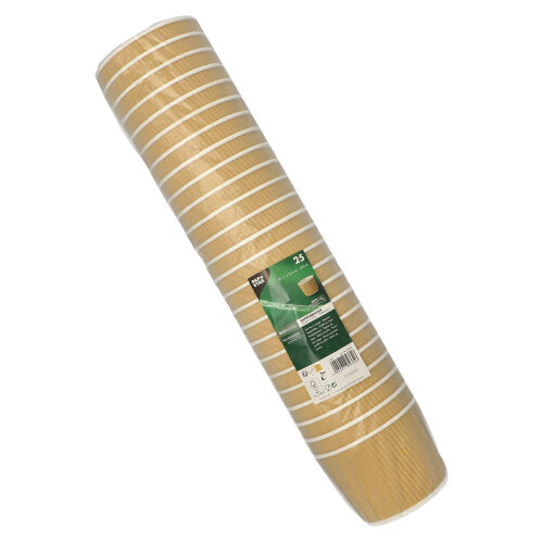 Een gerolde stapel van 25 PAPSTAR soepbekers rond, 11 cm, bruin/wit, Ripple Wall (PAPSTAR GmbH), verpakt in doorzichtige folie met een groen-wit etiket.