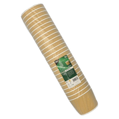 Een gerolde stapel van 25 PAPSTAR soepbekers rond, 11 cm, bruin/wit, Ripple Wall (PAPSTAR GmbH), verpakt in doorzichtige folie met een groen-wit etiket.