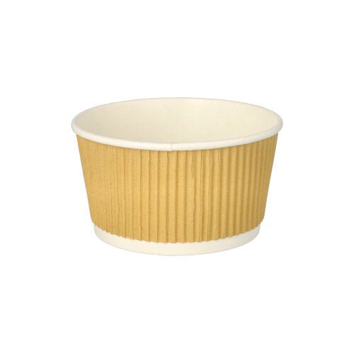 Afgebeeld is een PAPSTAR ronde soepbeker (11 cm) van PAPSTAR GmbH met bruin/wit Ripple Wall Design op een witte achtergrond. De set bevat 25 stuks.