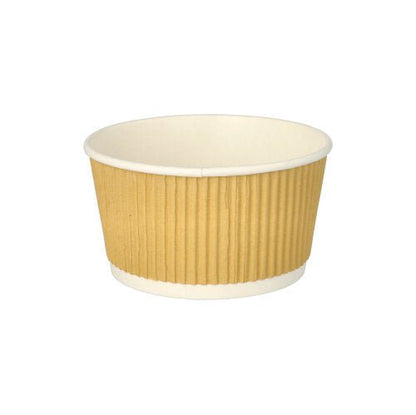 Afgebeeld is een PAPSTAR ronde soepbeker (11 cm) van PAPSTAR GmbH met bruin/wit Ripple Wall Design op een witte achtergrond. De set bevat 25 stuks.