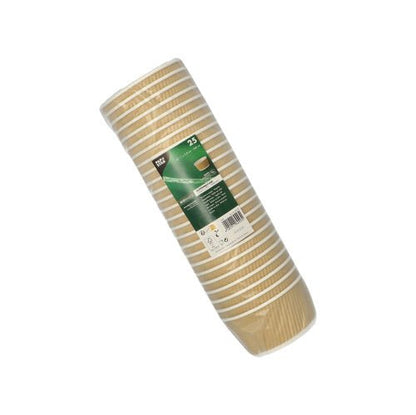 Een verpakking met 25 PAPSTAR ronde soepbekers, bruin/wit, 11 cm Ripple Wall wegwerpbekers van PAPSTAR GmbH bestaat uit helder kunststof met een groen-wit etiket.