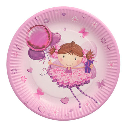 L'assiette PAPSTAR de 10, carton rond Ø 23 cm de la PAPSTAR GmbH offre des assiettes jetables roses pour les fêtes, décorées avec une fille souriante en robe à volants, des ballons, des cadeaux et en arrière-plan des cœurs, des fleurs et des papillons.